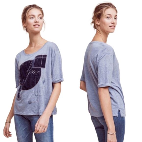 Anthropologie Akemi + Kin Linen Velvet Patchwork Tee XS - Picture 1 of 8